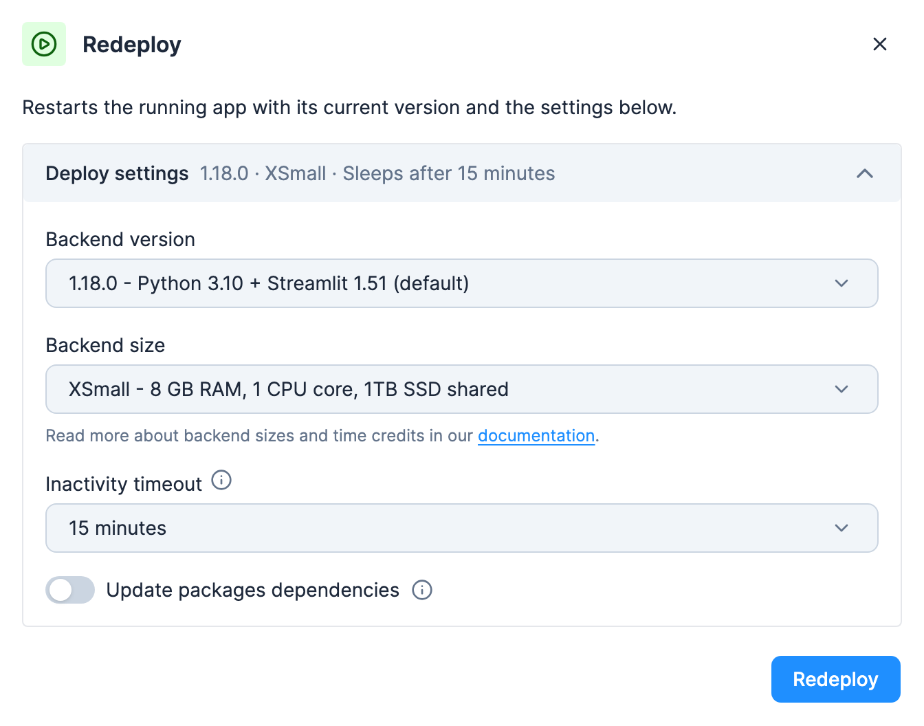 The Redeploy wizard with Deploy settings expanded: Backend version, Backend size, Inactivity timeout and the Update packages dependencies switch (off)